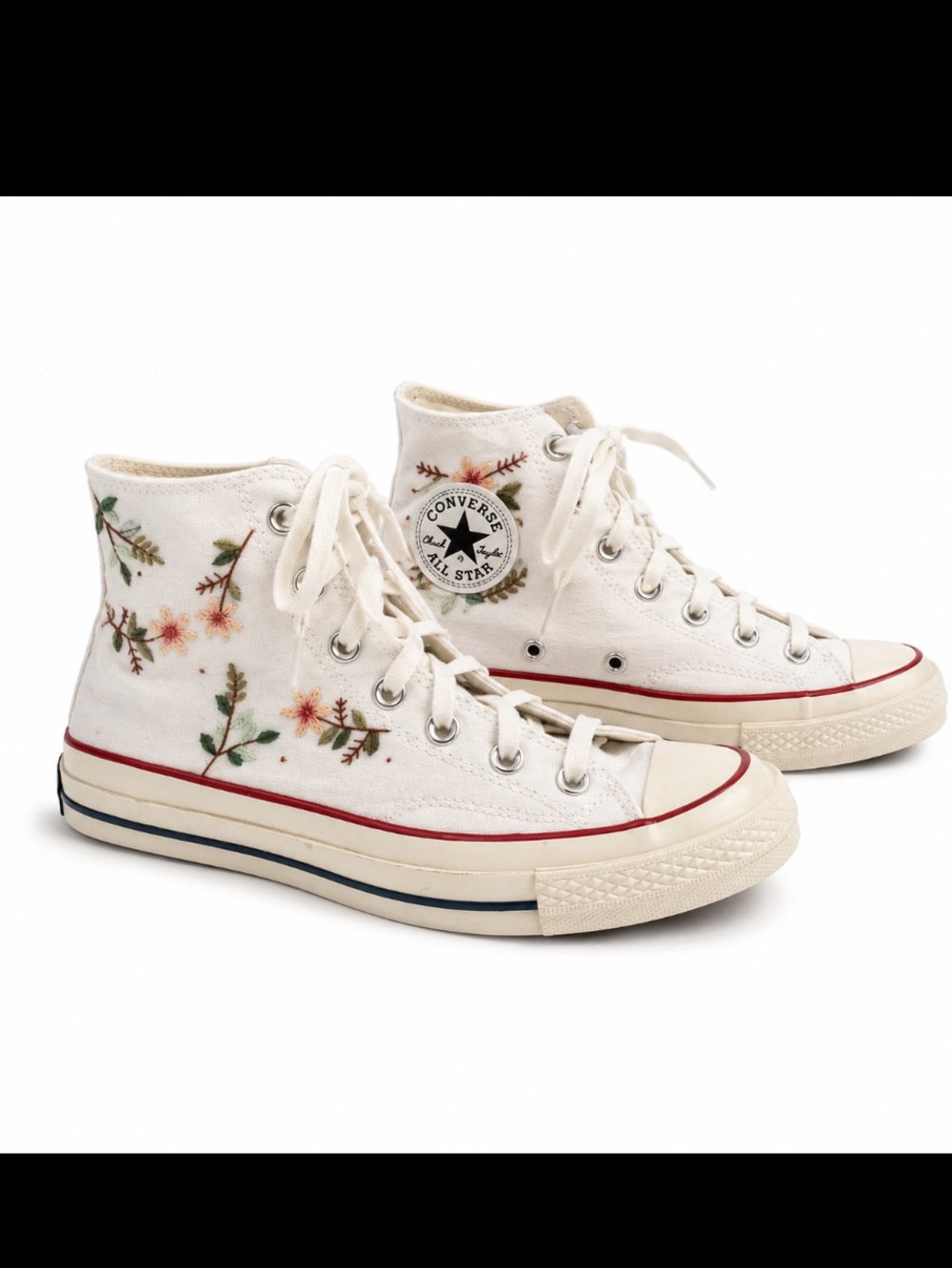 CONVERSE Chuck Taylor White High Tops Custom Embroidered 70s Floral Design Size